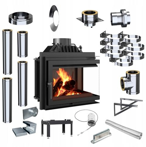 KRATKI Gusseisen Kamin 8 kw Simple Rechts fi 200 Kamineinsatz BImSchV Stufe 2 Außenschornstein Kit