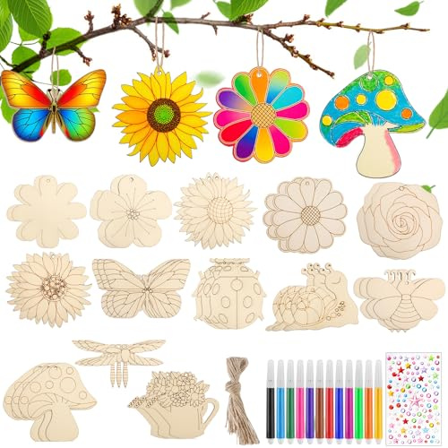Muyohix 34PCS Manualidades Niños, Madera Manualidades DIY con Pájaros, Mariposas, Caracoles, etc, Juegos para Pintar con Lápices Acuarelables, Pegatinas de Diamante, para Detalle Cumpleaños Infantil