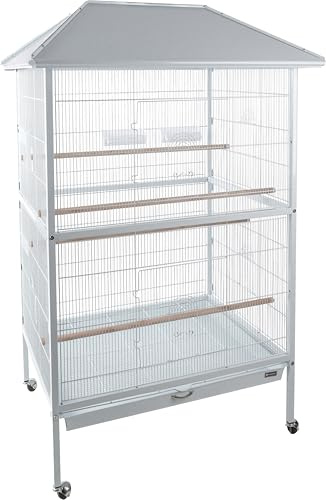 Flamingo Vogelkäfig – Voliere Vögel – Valka Weiß – 107×88,5×170 cm – Metall pulverbeschichtet, 4 Sitzstangen, 4 Näpfe, Schiebetüren, Metall-Schublade, Rollen