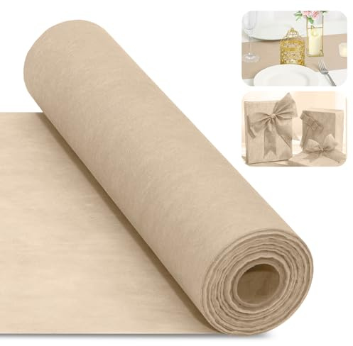 Vlies Tischläufer Beige Cinnani 30 cm x 25 m Tischläufer Creme Beige Stoff Tischband Modern, für Taufe, Kommunion, Geburtstage und Partydeko