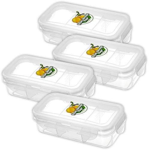 CECOMBINE 4 Pack Snack Box with 3 Compartments, 420ml Bento Lunch Box, Leak-Proof & Microwave Safe Snack Containers with Snap Lock Lids, Divided Food Storage Container for Plane, School, Work, Picnic
