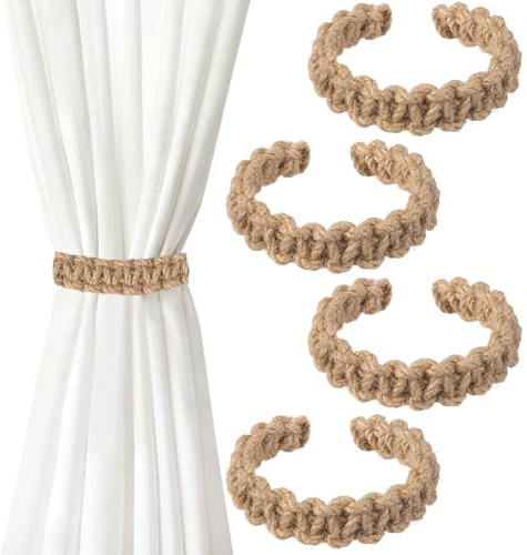 4 Stück Vorhang Raffhalter,Boho Handgeflochtene Gardinenhalter,Baumwolle und Leinen Geflochtener Gardinenklammern zum Raffen,25cm Raffhalter für Gardinen,für Schlafzimmer,Wohnzimmer und Büros(Braun)