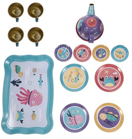 HEMOTON Juego de Té Infantil 14 Piezas Metálico Diseño Océano, Juego de Té Niñas, Set de Cocina Juguetes para Jugar Casitas, Accesorios de Tetera y Bandeja, Obsequio Bolsa