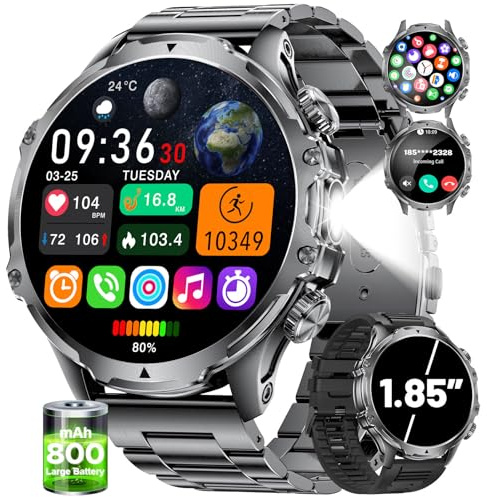 HIRREO Smart Watch for Men Answer/Make Calls 800mAh Big Battery 1.85 HD Large Round Dial Male Smartwatch for iOS Android Fitness Tracker,Flashlight,Heart Rate/Sleep/Monitor,100+ Sports Modes,Grey
