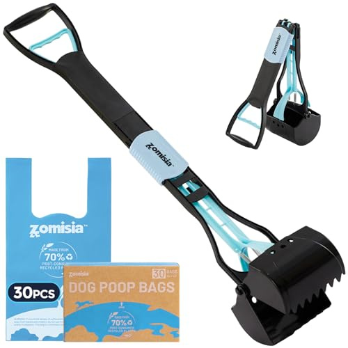 ZOMISIA 81cm / 32 Dog Pooper Scooper Long Handle with 30 Waste Bags, Blue | Foldable Poop Scoops, For Large Dogs, Portable Poop Picker for Grass, High Strength Material, Durable Spring