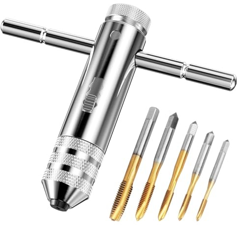 Ravytha 1 Piezas Mango en T de Ttrinquete Terrajas y 5 Piezas Machos de Roscar M3/ M4/ M5/ M6/ M8, Llaves de Carraca Manuales Ajustables, Portaherramientas con Mango, Llave de Grifo de T