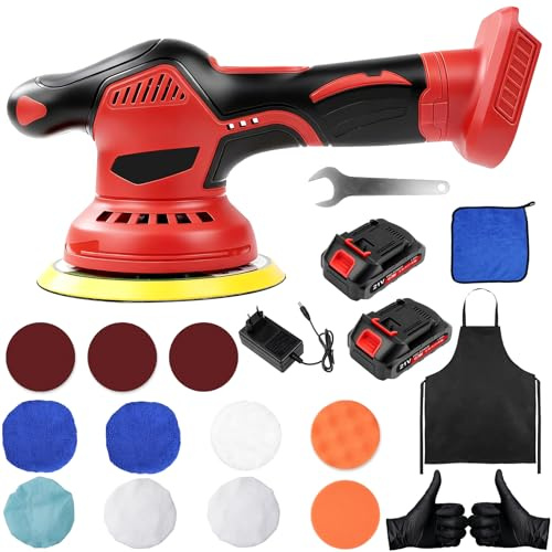 Telituny Akku Poliermaschine Auto 21V, 6 Zoll Exzenter Poliermaschine 150mm | Mit 2 Akkus, 8 Geschwindigkeiten 2600–5800 U/min, 9mm Hub, Kabelloses Polierset Auto für Wachsen, Polieren, Lackpflege