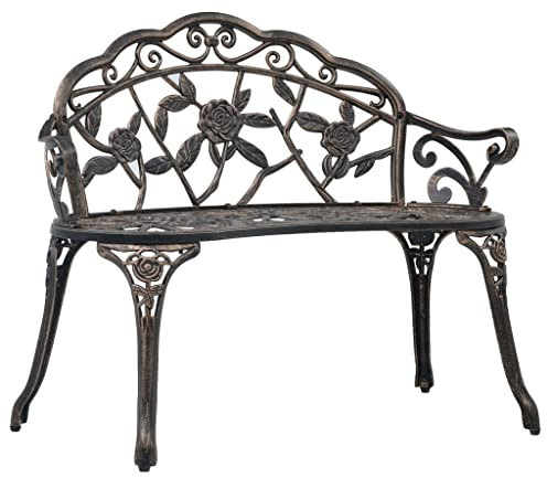 QJBSAVVA Banco de jardín de 100 cm, color bronce de aluminio fundido y hierro fundido, romántico banco de parque para 2 personas con decoración de flores – Banco nostálgico para jardín, terraza y