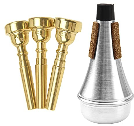 Yootones Trompetenmundstück (3C 5C 7C) mit Trompeten-Schalldämpfer, kompatibel mit Yamaha Bach Conn King Trompete Ersatz Musikinstrumente Zubehör (Gold)