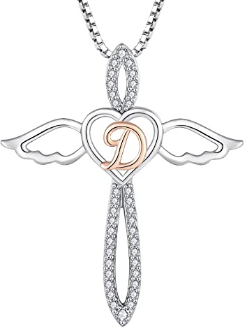 FJ Collier Lettre Initiale D Argent Sterling 925 Pendentif Lettre Alphabet Prenom Personnalisé Collier Ange Gardien Bijoux Cadeaux pour Femme Fille