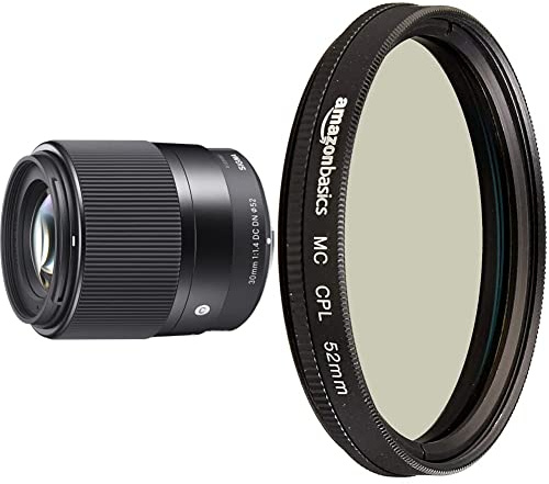 Sigma 30mm f/1.4 DC DN Contemporary Objetivo estándar para el Sistema Micro Cuatro Tercios, Color Negro + Amazon Basics Filtro polarizador Circular 52mm