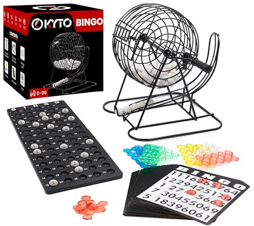 Bingo Spiel Metalltrommel 18 Bingotickets 75 Bingo Kugeln 150 Chips Spielbrett + 500 Bingokarten schwarz Erwachsene Kinder