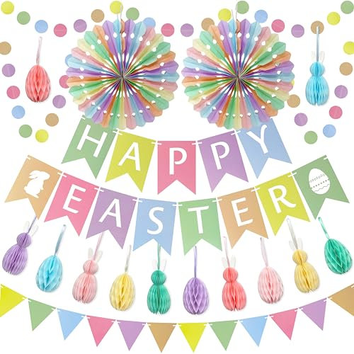 Premium Reusable Easter Decorations - Easter Banner, Easter Bunting, Paper Easter Decorations Home - Easter Egg Hunt Decorations, Easter Tree Decorations, Easter Table Decorations - Spring Decorations