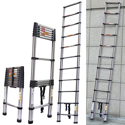 3.2M/10.5ft Acier Inoxydable Échelle télescopique Échelle à Coulisse Hauteur réglable avec Pieds antidérapants, 9 marches Échelle Pliante Échelle sécurisée pour l'habitation Jardin Loft