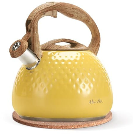 harriet Tea Kettle, Tea Pot for Stovetop, 2.5QT Whistling Kettle with 5-Layers bottom, Food Grade Stainless Steel Kettles with Hot-Resistant Handle Gas Electric Applicable, Yellow