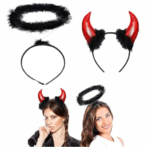 KWHSUN 2Stk Teufelshörner Haarreif,Haarreif Heiligenschein Schwarz,Teufelsohren Devil Ears,Haarreifen Engel,Halloween Accessoire,Für Fasching Karneval Halloween Kinder Party
