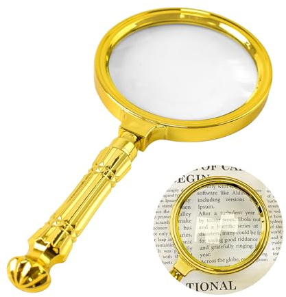 STNRST-IN Portable Magnifying Glass with Split Handle, 10X Handheld Reading Magnifying Glass for Seniors & Kids, 80mm Gold Colored Magnifier with Real Glasses for Reading Inspection Coins Jewelry