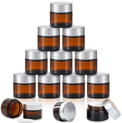Fanchu 10 Stück Creme Behälter, Amber Glas Leer Cremetiegel, 10ml Cremedosen zum Befüllen Glasbehälter mit Deckel und Liner für Kosmetik Cremes Lotionen ätherische Öle