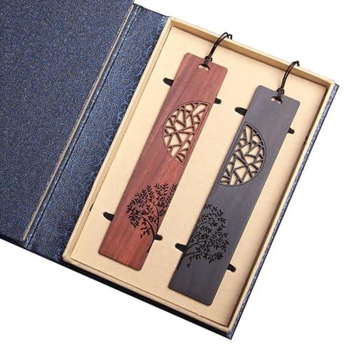 Csirnto Lesezeichen Holz | 2 Stück Bookmark Geschenkbox Set | Natürliches Hohles Handwerks Lesezeichen Vintage Lesezeichen | Geschenk für Lehrer, Schüler, Männer und Frauen | B