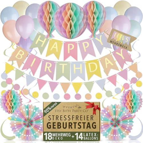 Premium Reusable Party Decorations - Pastel Birthday Set with Balloons, Banner, Bunting, Honeycomb Decorations, Pom Poms, Streamers