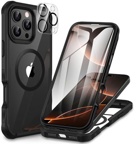 CENHUFO für iPhone 16 Pro Hülle, Kompatibel mit MagSafe Eingebautem Panzerglas Displayschutz und Kameraschutz 360 Grad Schutzhülle Stoßfest Cover Case Magnetisch Handyhülle iPhone 16 Pro - Schwarz