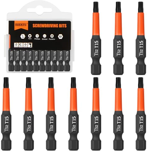 BAIDETS Pro T15 Schrauber Bit Set - Schraubendreher Torx 10 Stück, 50mm Länge, 1/4 Sechskantschaft Bit-Sortiment, mit Spender-Box