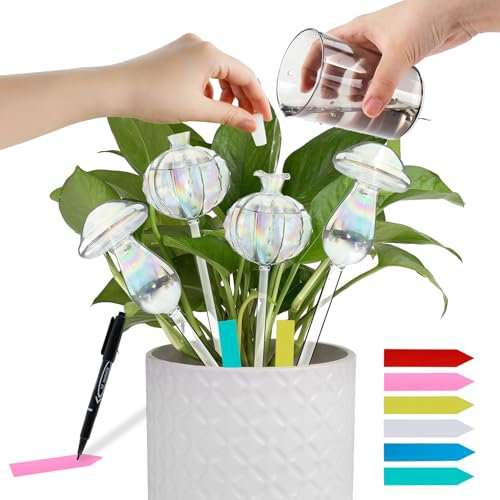 OT-NVWOZR 4PCS Plant Watering Globes with 30PCS Plant Labels, Glass Self Watering Planter Insert Globes Spikes Plant Waterer Bulbs, Automatic Plant Watering Devices for Indoor Outdoor