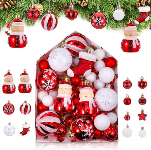 Kssvzz 72er Set Weihnachtskugeln Plastik Rot Weiß, Christbaumkugeln Kunststoff Weihnachtsbaum Deko, Weihnachtsbaumkugeln mit Aufhänger, Glänzend Glitzernd Matt Weihnachtsbaum Kugeln Christbaumschmuck