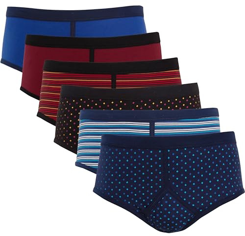 Sock Stack Pack Of 6 Mens Design Brief Printed Cotton Blend Classic Fit Briefs Pants Plain Dot Stripe Designs Underwear Elastic Waistband, Small Assorted