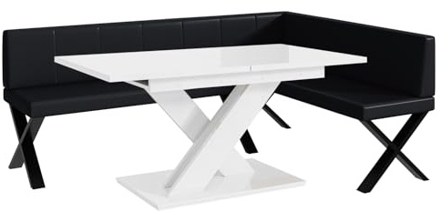 MEBLINI Eckbank für Esszimmer mit ausziehbarem Tisch - Küchenbank - Essecke - Sitzecke Küche - Peter - X-Beine 142x196x87cm Rechts - Schwarz Kunstleder/B Weiß Hochgl.