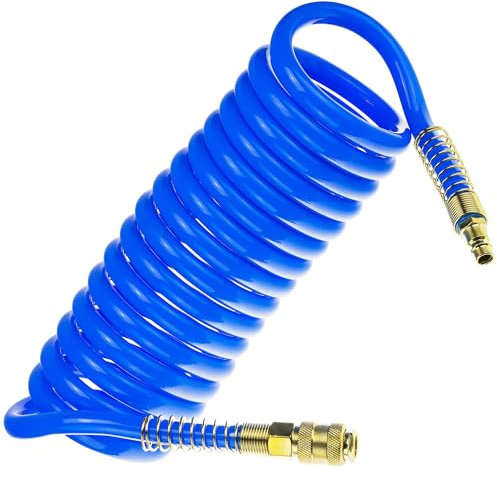 Tuyau spiralé en polyuréthane, longueur 5 m, diamètre intérieur 5 mm et extérieur 8 mm, conçu pour les outils pneumatiques professionnels et domestiques.