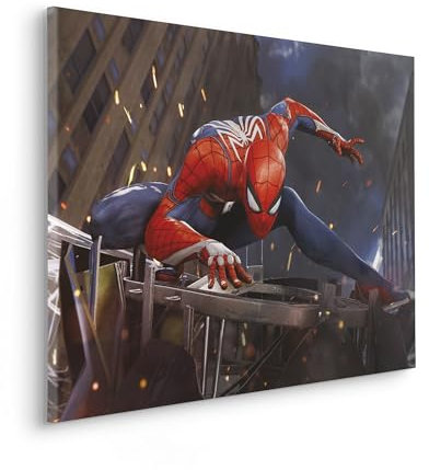 Komar Keilrahmenbild - Marvel Spider-Man Landing - Größe: 90 x 60 cm - Kinderzimmer, Wanddekoration, Grau,Rot