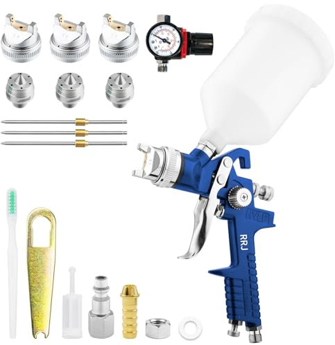 HVLP Pistola a Spruzzo per Verniciare ad alta Atomizzazione Pistola per Spruzzo per Riparazioni di Piccoli Mobili per Auto con Regolatore di Pressione Tazza 600cc 1,4/1,7/2,0mm Ugelli (Blue)