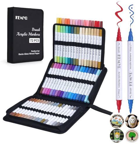 KEMYR Rotuladores de pintura acrílica de punta fina y pincel de 72 colores, marcadores de pintura acrílica de doble punta para papel, madera, lienzo, piedra, pintura de roca, vidrio, tela, bricolaje