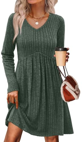 OFEEFAN Sweater Dress for Women 2025 Fall Dresses Cowboy Chic V Neck Long Sleeve Dress Baby Doll Dresses Women Winter Clothing Maternity Clothes Green S