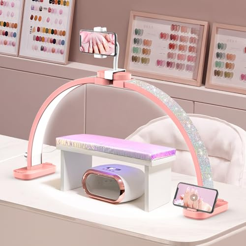 Adonafy Desktop Halbmondlampe für Nägel: 30 LED Halbmond Wimpern Lampe mit Telefonhalter - 3 Farbmodi Und 10 Helligkeitsstufen Einstellbar Halbmondlicht für Nagelstudio Handwerk (Diamant, Rosa)