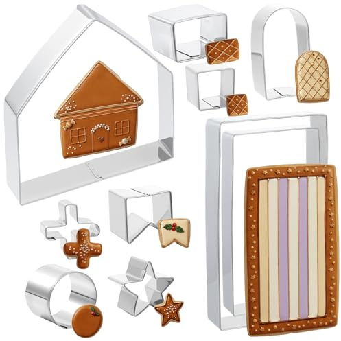 Lot de 10 emporte-pièces en forme de maison en pain d'épices en acier inoxydable 3D comprenant mur, porte, fenêtre, toit, cheminée, étoile, décorations de Noël et plaisir familial