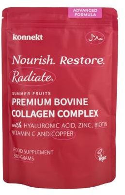 Collagen Peptides Powder 10,000mg, Hydrolysed Type I & III Bovine Collagen Complex with Hyaluronic Acid, Vitamin C, Biotin & Zinc, Hair Skin & Nails Support, Halal & Gluten Free (300g, Summer Fruits)