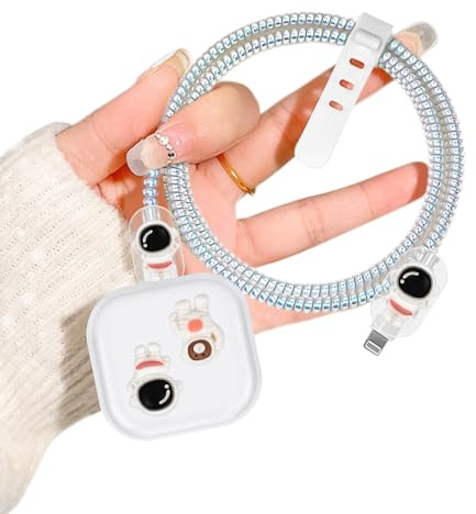 DiyGody Protector Set Compatible for iPhone 40W Charger Plug, Phone Charger Protective Cover for UK Apple Type-C/L Power Adapter, Data Cable Case Wire Saver Cute Design for Girls, White 3D Astronaut