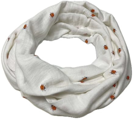 Landhuis handmade Musselin Loop Schal Damen wollweiß mit Marienkäfern – handgenäht – leicht weich luftig – Schlauchschal Baumwolle – Umfang ca. 138 cm