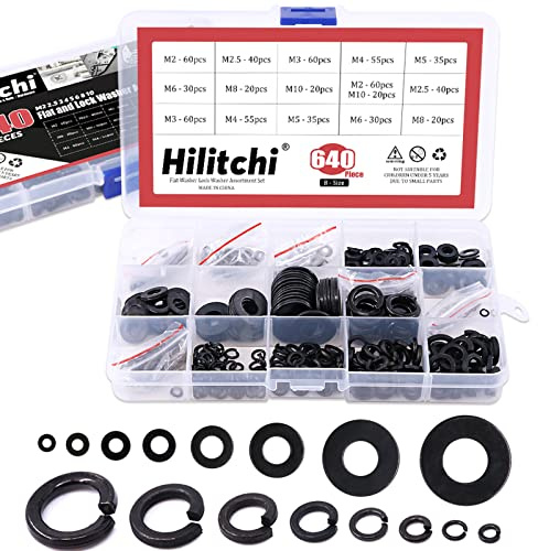 Hilitchi Set di 640 rondelle piatte in acciaio legato e rondelle di bloccaggio assortite. Dimensioni incluse: M2, M2,5, M3, M4, M5, M6, M8, M10