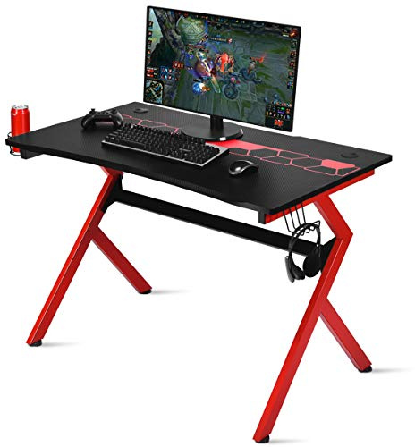 COSTWAY Bureau Gaming,Bureau de Jeu pour Gamer en MDF+Tubes en Acier avec 1 Porte-Gobelet et 1Porte-Ecouteurs 115x66x77cm Noir Rouge
