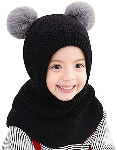 Herbests Warm Mütze und Schal Set für Jungen Mädchen 3-6 Jahre, Baby Beanie Stricken Wintermütze Warm Niedlich Schlupfmütze Kinder Bommelmütze Schalmütze Strickmütze mit Pompom,Schwarz