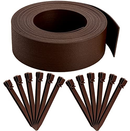 Hacaroa 12 Metres Landscape Edging Coil with 24 Anchoring Stakes, Plastic Terrace Board 10 cm High, Decorative Grass Barrier Garden Edging Border for Lawn, Fence, Flower Bed, Wood Grain, Brown