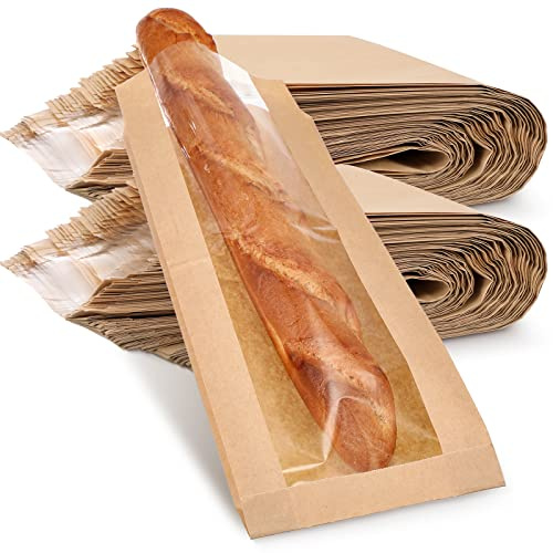Thenshop 100 Pieces Paper Bread Bag with Window for Homemade Bread Bags Bags Brown Kraft Loaf Storage Sacks Long French Biscuits Packaging (6.5 x 2 x 18 Inch)