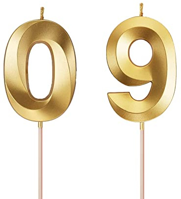 Bougie d'anniversaire numérique dorée 09, décoration de gâteau cuit au four, accessoire de fête pour les anniversaires spéciaux de 90 ans, peut être utilisé seul ou en combinaison (09)