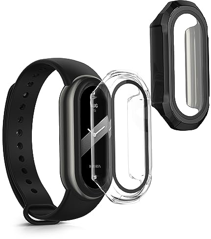 kwmobile Carcasa Compatible con Xiaomi Mi Band 8 Funda - 2X Protector Pantalla Completo de Cristal Templado - Ultrafino y antigolpes - Transparente/Negro