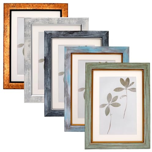 Fixwal 5x7 Picture Frame Set of 5, Vintage Photo Frame, Rustic Retro Picture Frame with Tempered Glass, Decorative Art on Walls and Tabletop Placement
