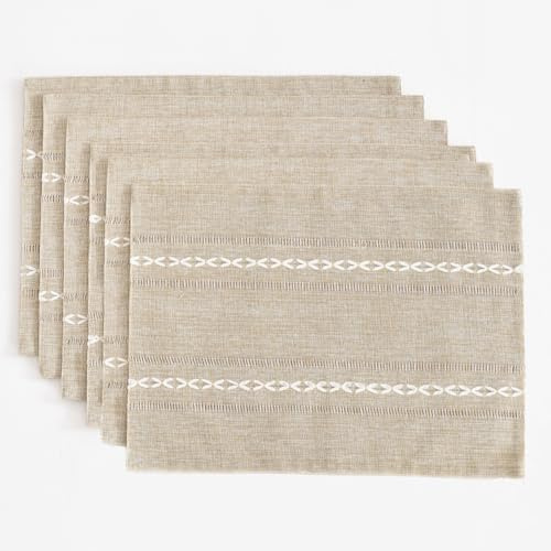 Wracra Manteles Individuales Lavables de Algodón y Lino, Set de 6 | 30 × 45 cm, diseño bordado calado, rústico moderno, resistente al calor, grueso y resistente, comedor, decoración del hogar