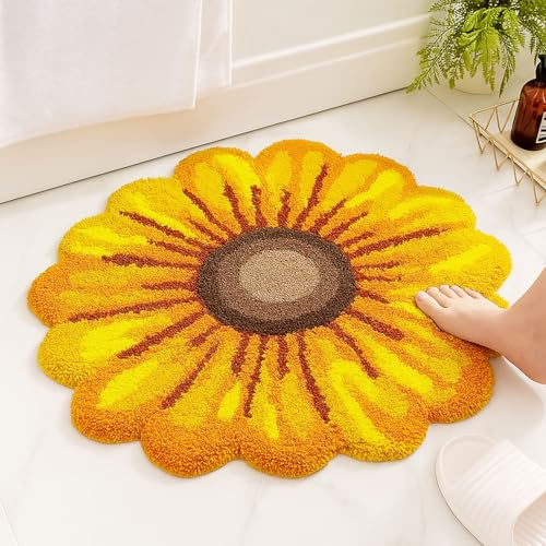 Feblilac Badteppich mit gelben Blumen, Blumenmatte für Badezimmer, niedliche Pflanze, rutschfeste Bodenmatte, Sonnenblume, waschbar, Mikrofaser